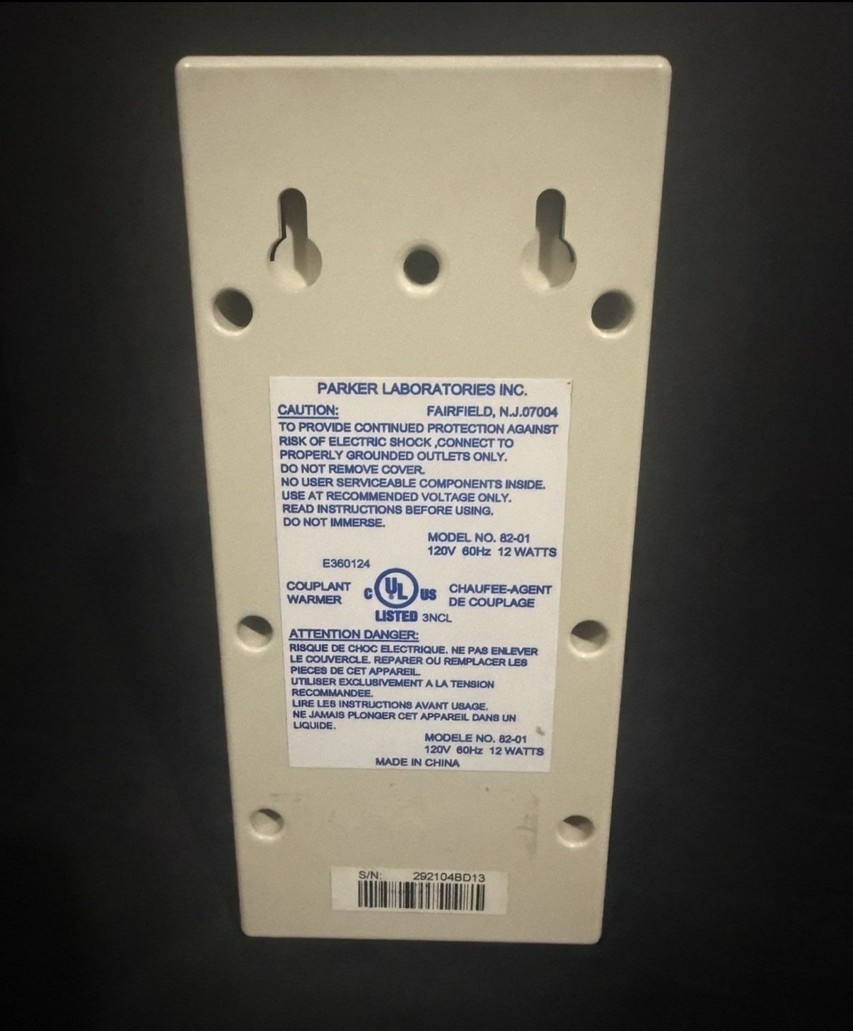 Parker Thermasonic Gel Warmer 82-01 Single Bottle W/ Power Cord