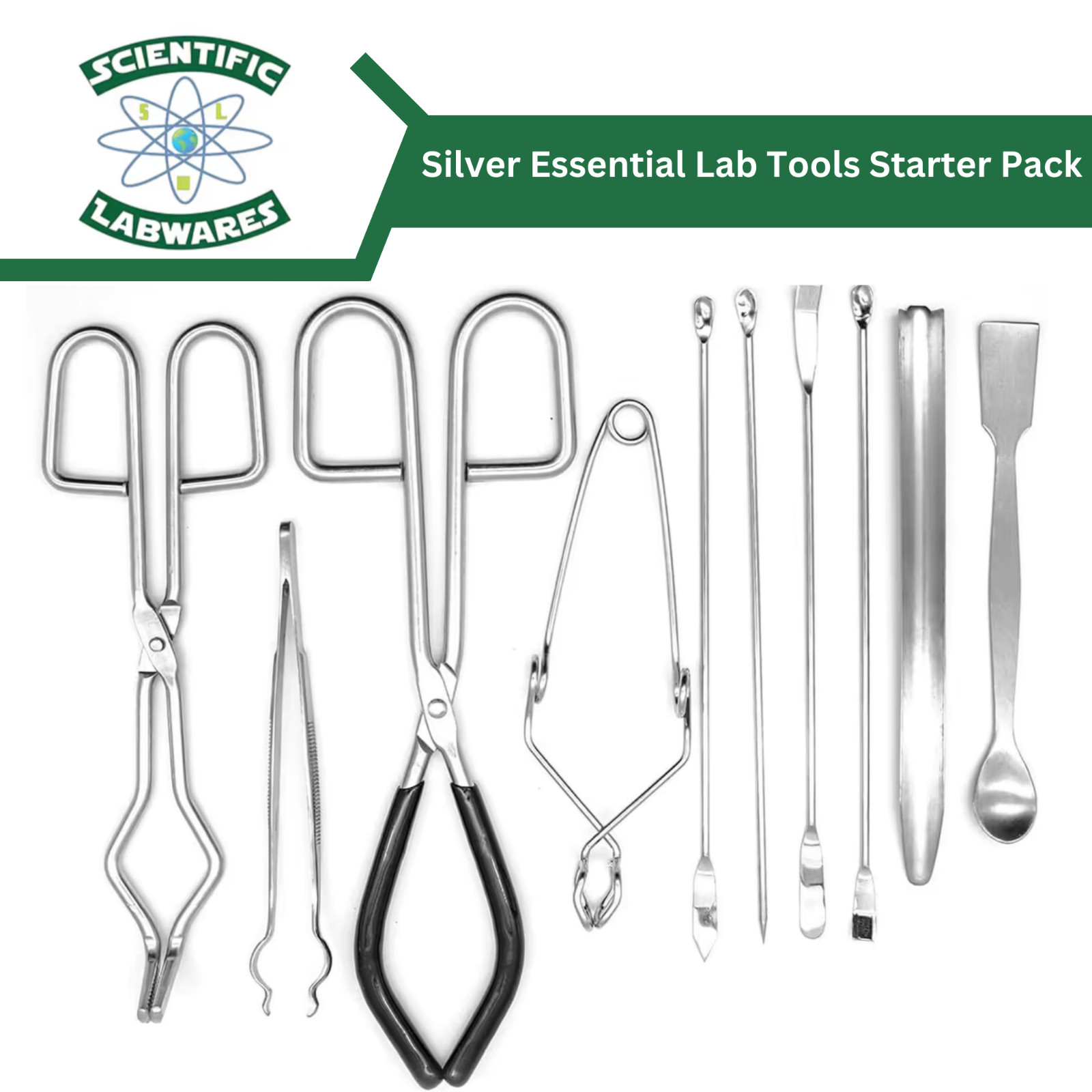 Scientific Labwares Silver Essential Lab Tools Starter Pack Crucible Beaker Tong