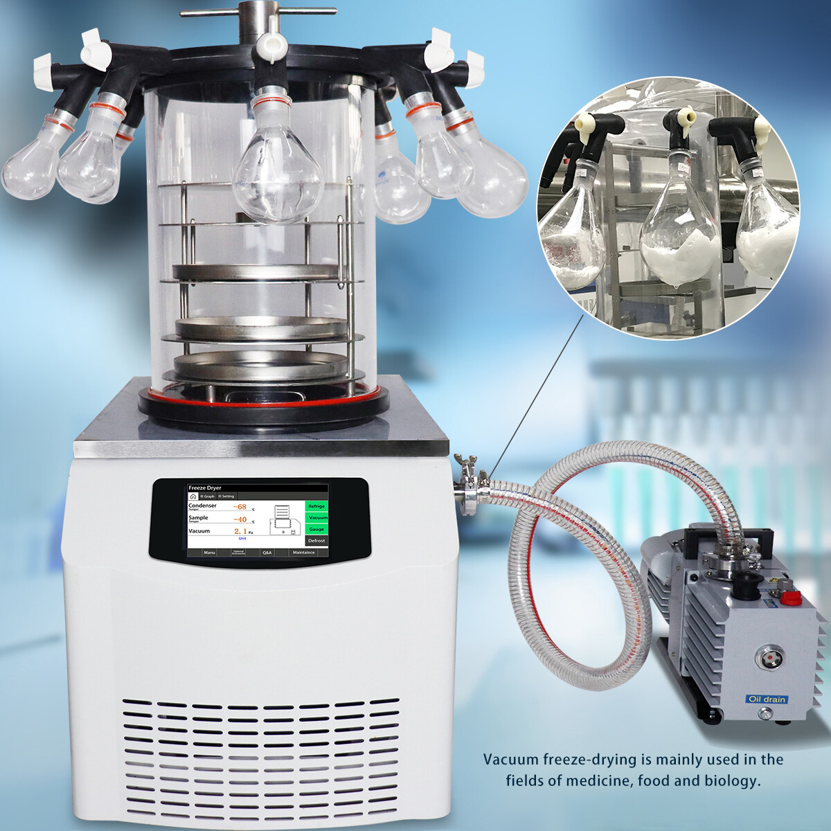 -60℃ Vacuum Freeze Dryer Lyophilizer Standard Stoppering Chamber 8 Port Manifold